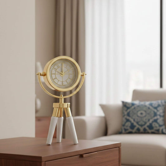 Atlas Mini CDN02 Beyaz Ahşap Ayaklı Gold Metal Dekoratif Saat | Modern Masa ve Konsol Saati