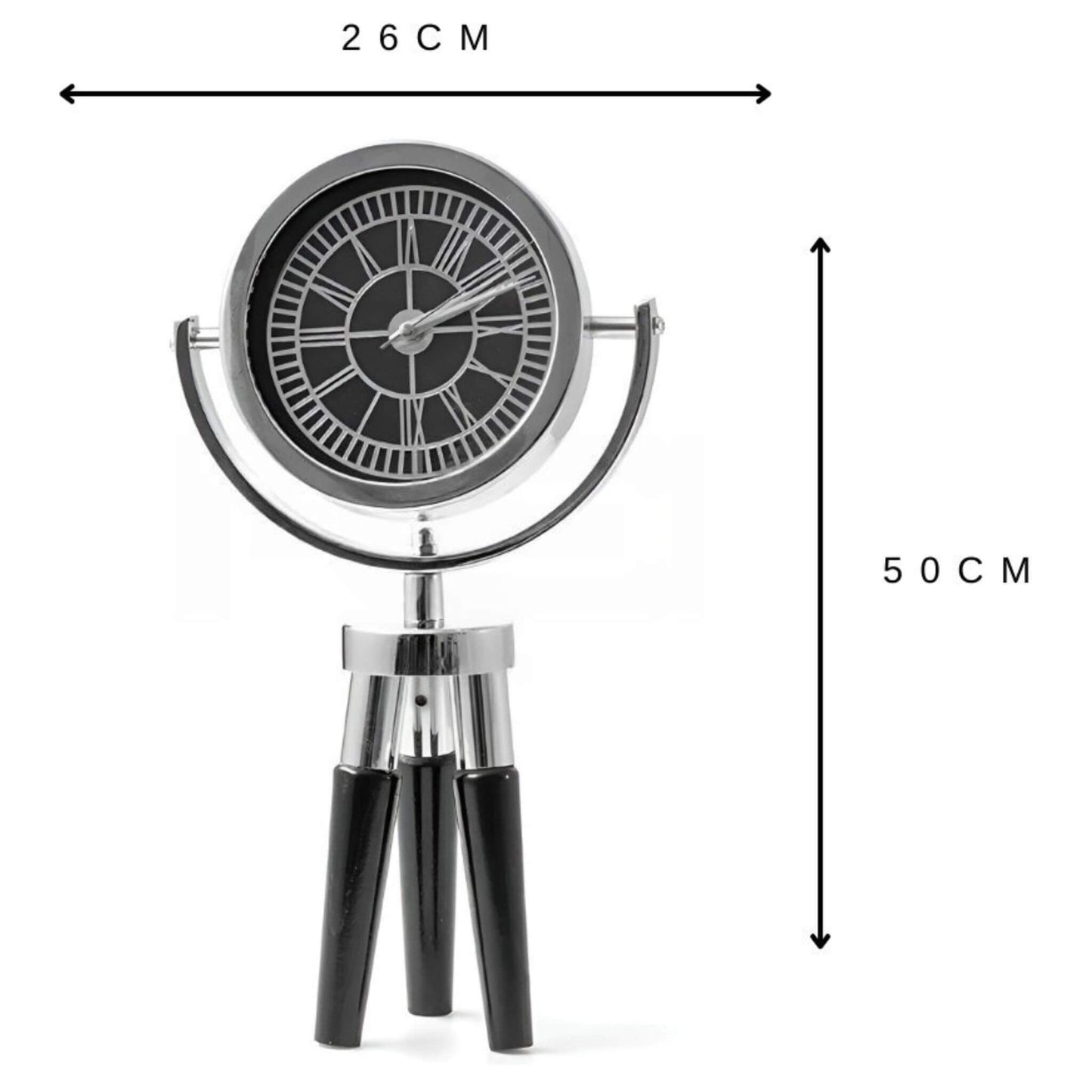 Atlas Mini Siyah Ahşap Ayaklı Gümüş Metal Dekoratif Saat | Modern Masa ve Konsol Saati