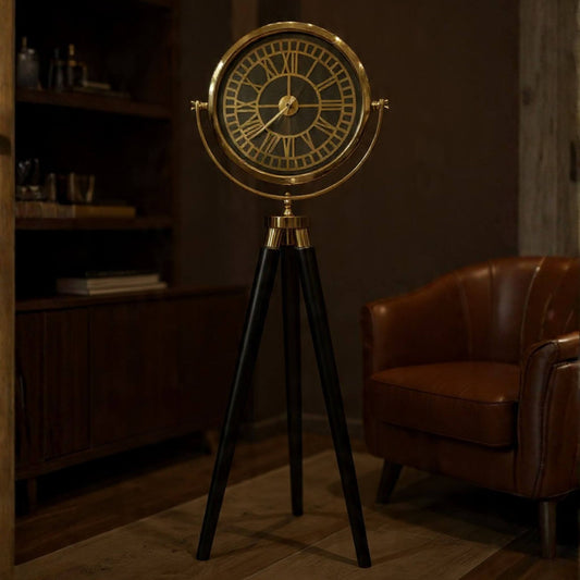 Ahşap tripod ayaklı, metal nikelaj çerçeveli Casa Da Noir Atlas dekoratif saat