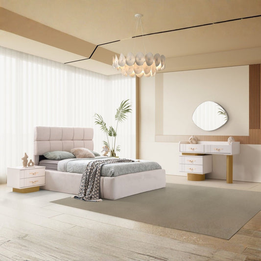 Napolyon Yatak Odası Takımı, beyaz yüzeyleri ve gold detaylı modern tasarımıyla lüks bir yatak odası dekorasyonu sunar.