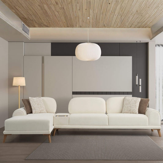 Açık tonlarda L koltuk takımı minimal modern oturma alanı