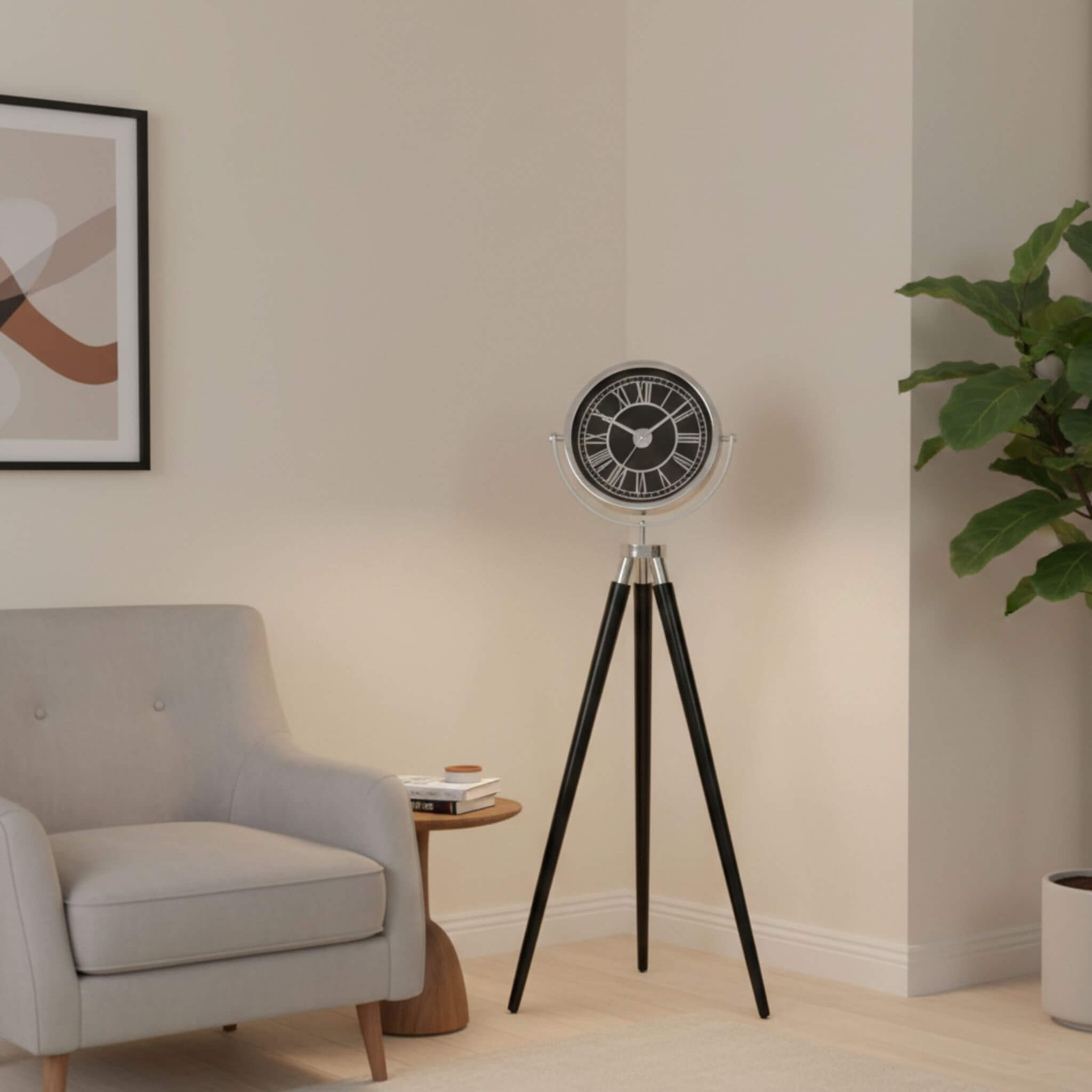 Gümüş metal başlıklı ahşap ayaklı tripod dekoratif saat