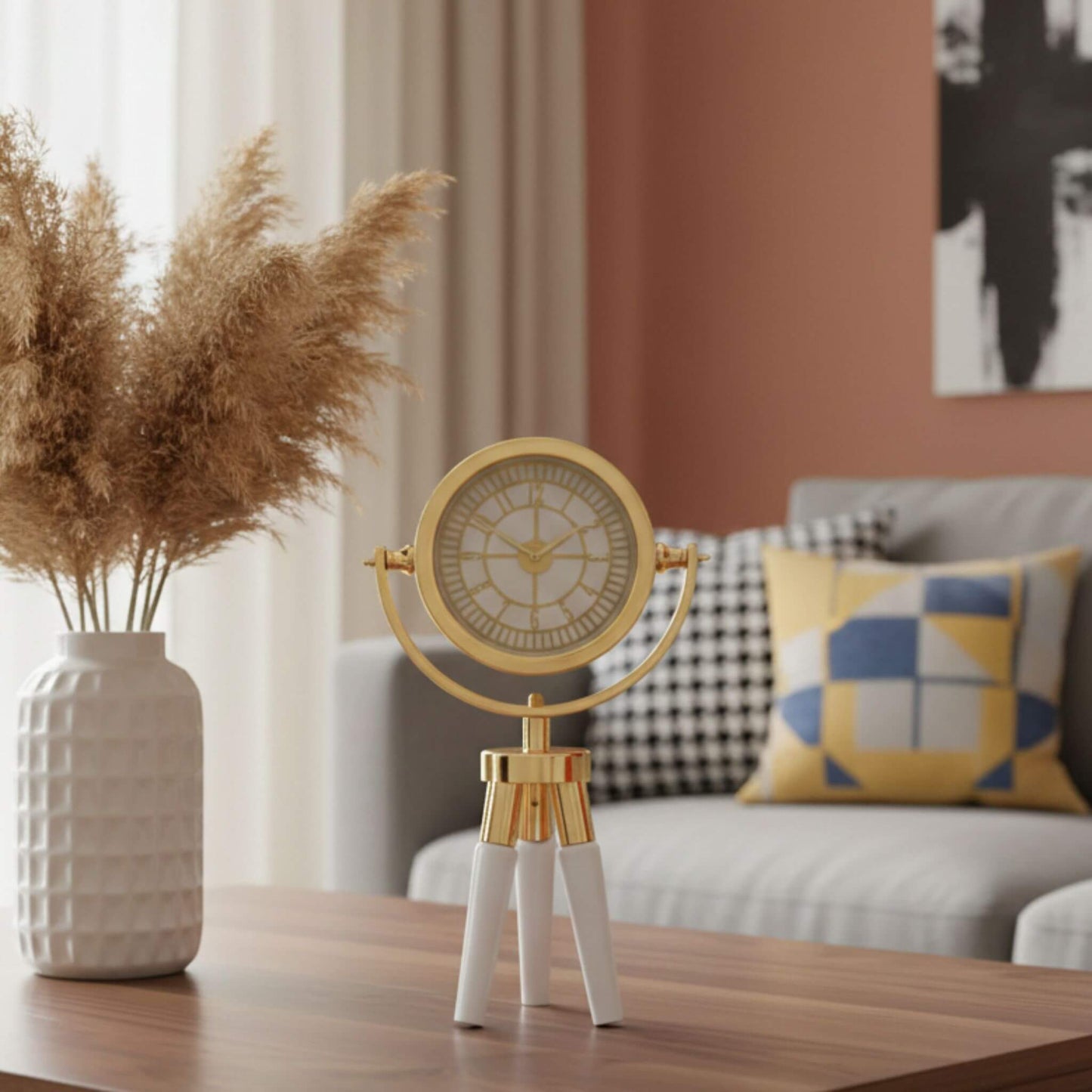 Atlas Mini CDN02 Beyaz Ahşap Ayaklı Gold Metal Dekoratif Saat | Modern Masa ve Konsol Saati