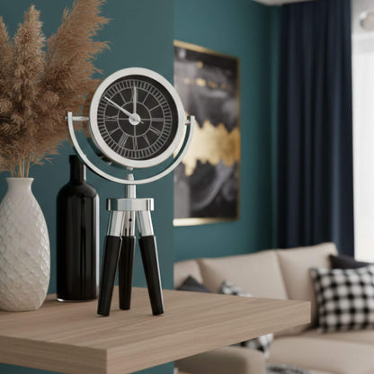 Atlas Mini Siyah Ahşap Ayaklı Gümüş Metal Dekoratif Saat | Modern Masa ve Konsol Saati