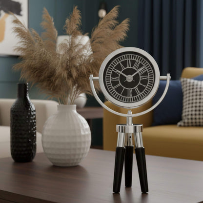 Atlas Mini Siyah Ahşap Ayaklı Gümüş Metal Dekoratif Saat | Modern Masa ve Konsol Saati