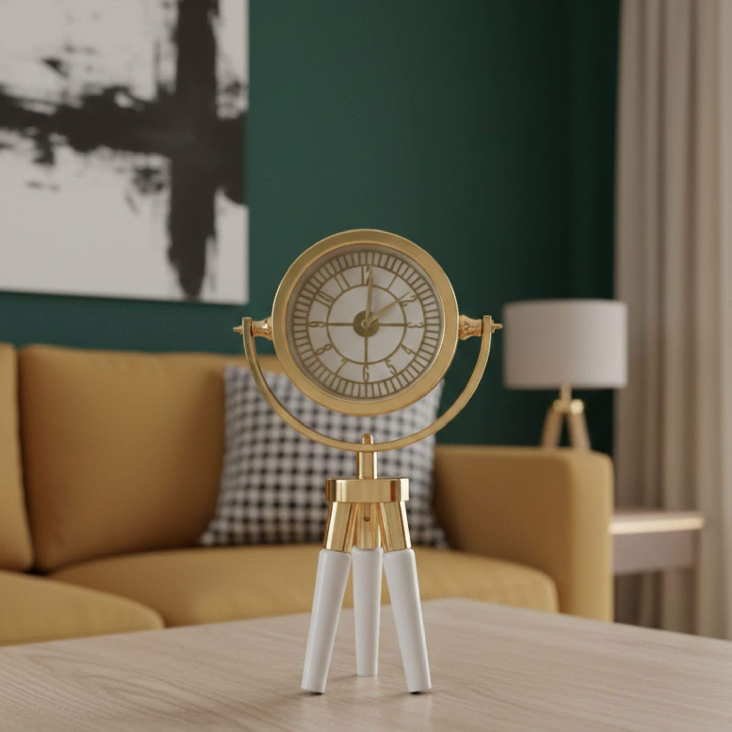 Atlas Mini CDN02 Beyaz Ahşap Ayaklı Gold Metal Dekoratif Saat | Modern Masa ve Konsol Saati