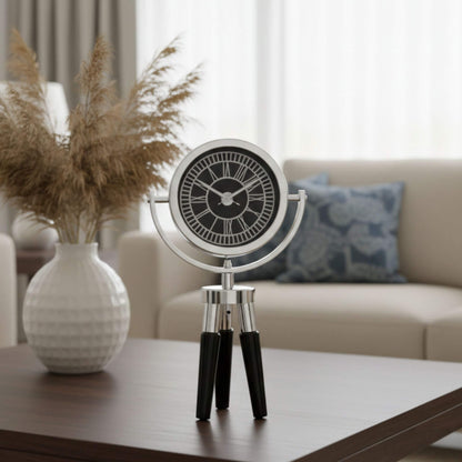 Atlas Mini Siyah Ahşap Ayaklı Gümüş Metal Dekoratif Saat | Modern Masa ve Konsol Saati