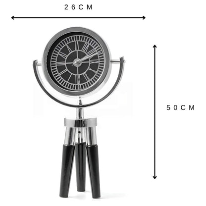 Atlas Mini Siyah Ahşap Ayaklı Gümüş Metal Dekoratif Saat | Modern Masa ve Konsol Saati