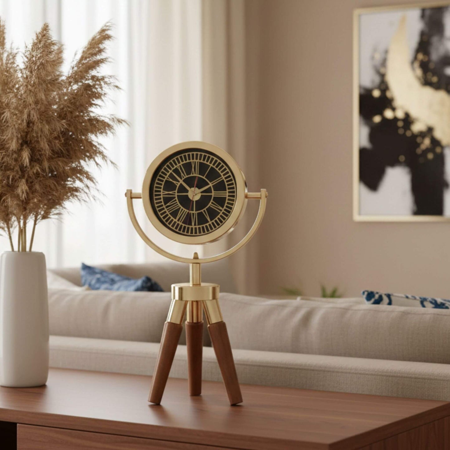 Atlas Mini CDN01 Ahşap Ayaklı Gold Metal Dekoratif Saat | Modern Dekoratif Masa Saati