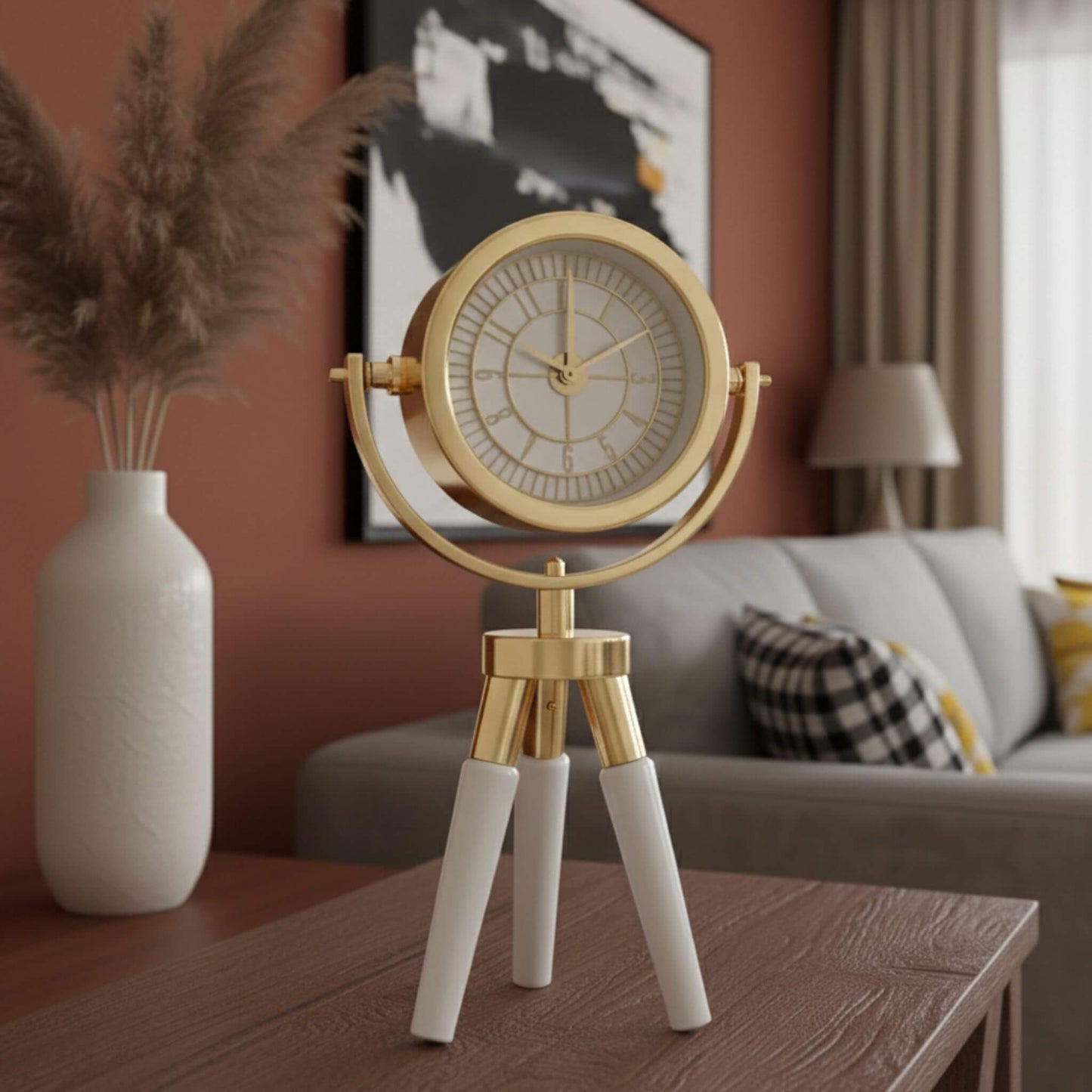 Atlas Mini CDN02 Beyaz Ahşap Ayaklı Gold Metal Dekoratif Saat | Modern Masa ve Konsol Saati