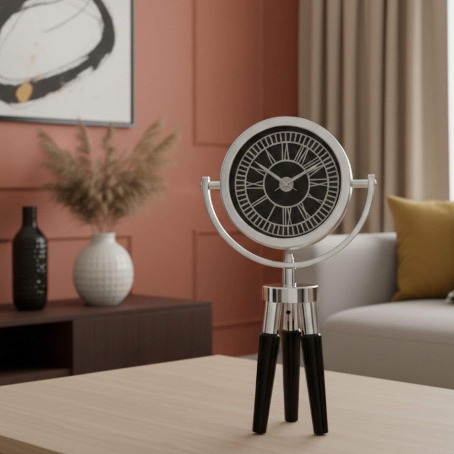 Atlas Mini Siyah Ahşap Ayaklı Gümüş Metal Dekoratif Saat | Modern Masa ve Konsol Saati