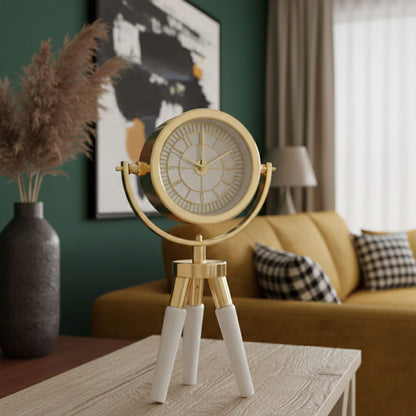 Atlas Mini CDN02 Beyaz Ahşap Ayaklı Gold Metal Dekoratif Saat | Modern Masa ve Konsol Saati