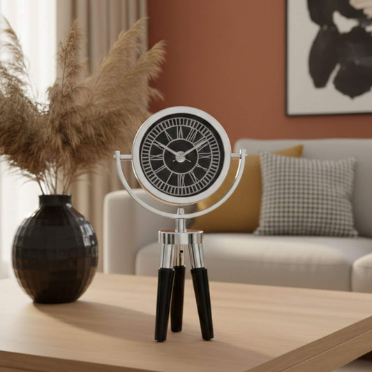 Atlas Mini Siyah Ahşap Ayaklı Gümüş Metal Dekoratif Saat | Modern Masa ve Konsol Saati