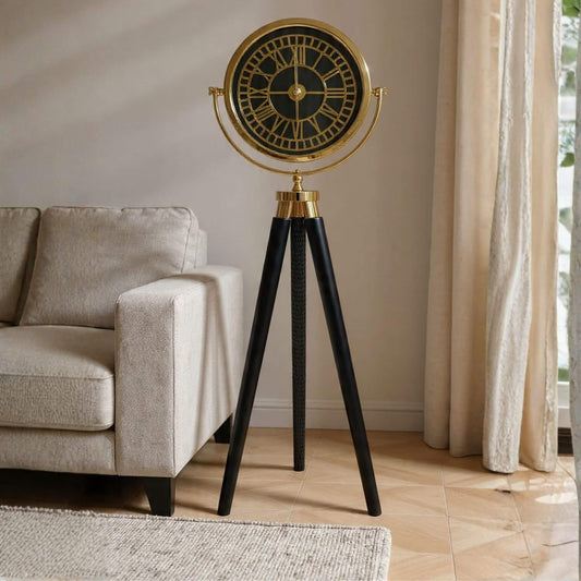 Casa Da Noir Atlas tripod ayaklı dekoratif saat, ahşap ayaklı ve metal çerçeveli şık tasarım