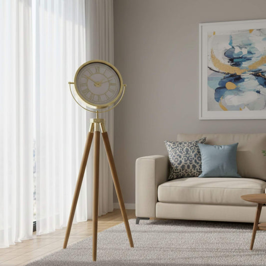 Gold metal gövdeli ahşap ayaklı tripod dekoratif saat