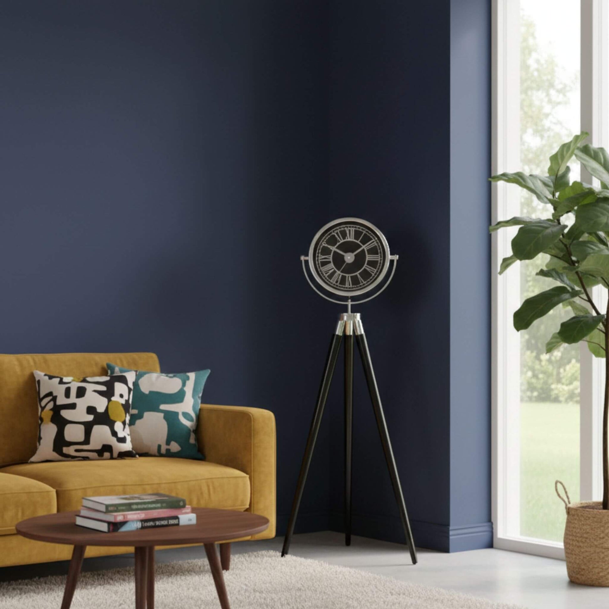 Modern tasarımlı siyah ahşap ayaklı gümüş salon saati