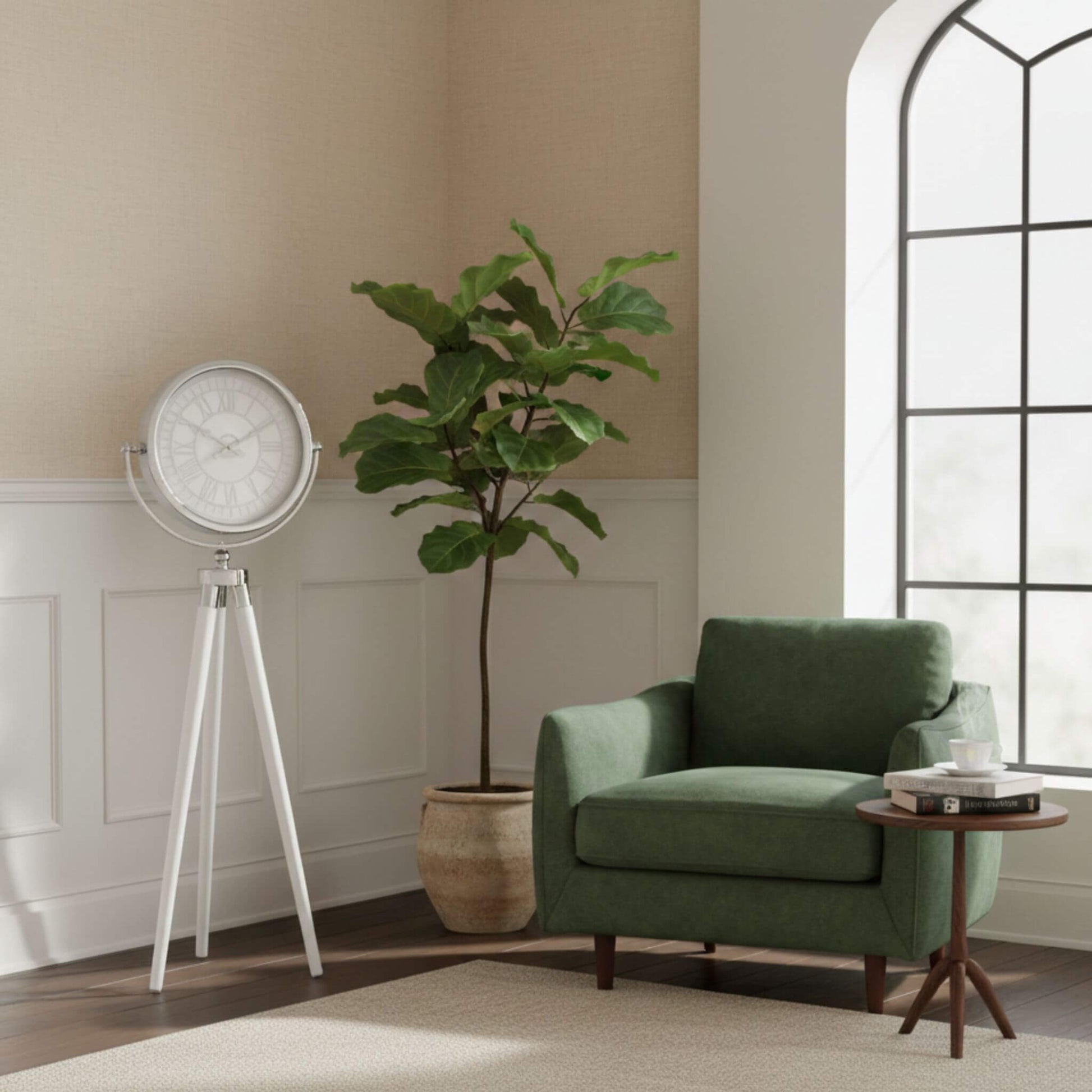 Beyaz ahşap ayaklı gümüş metal tripod dekoratif saat