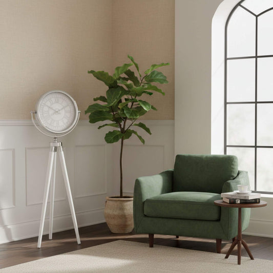 Beyaz ahşap ayaklı gümüş metal tripod dekoratif saat