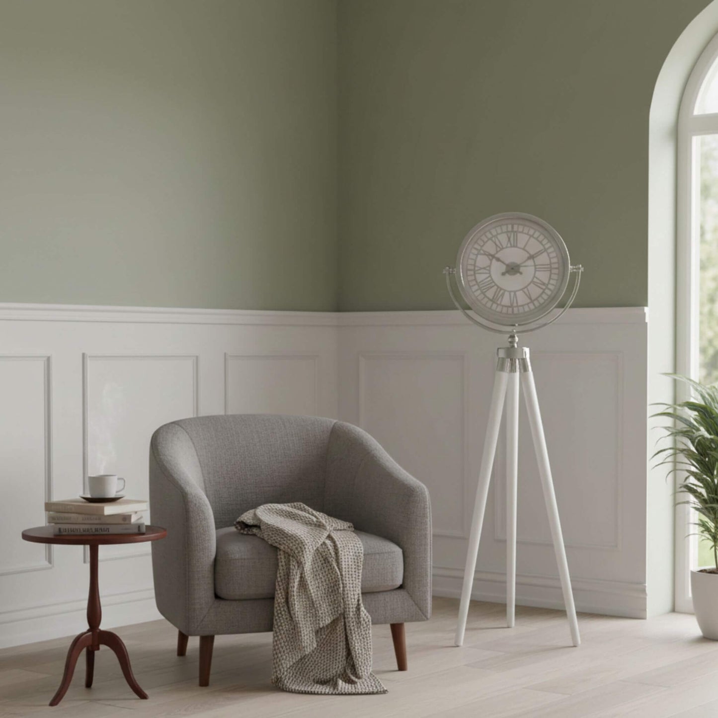 Modern tasarımlı ahşap ayaklı gümüş yer saati