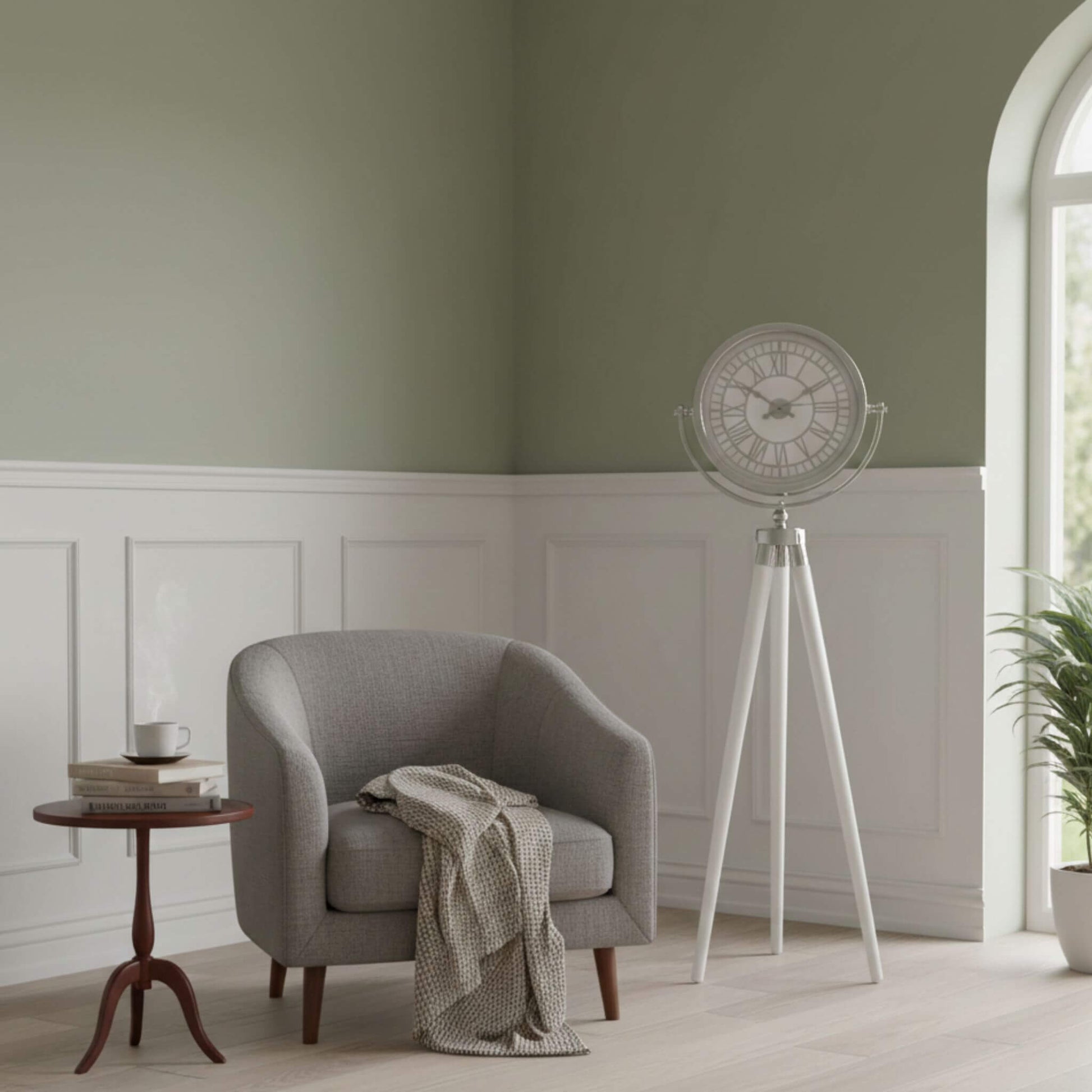 Modern tasarımlı ahşap ayaklı gümüş yer saati