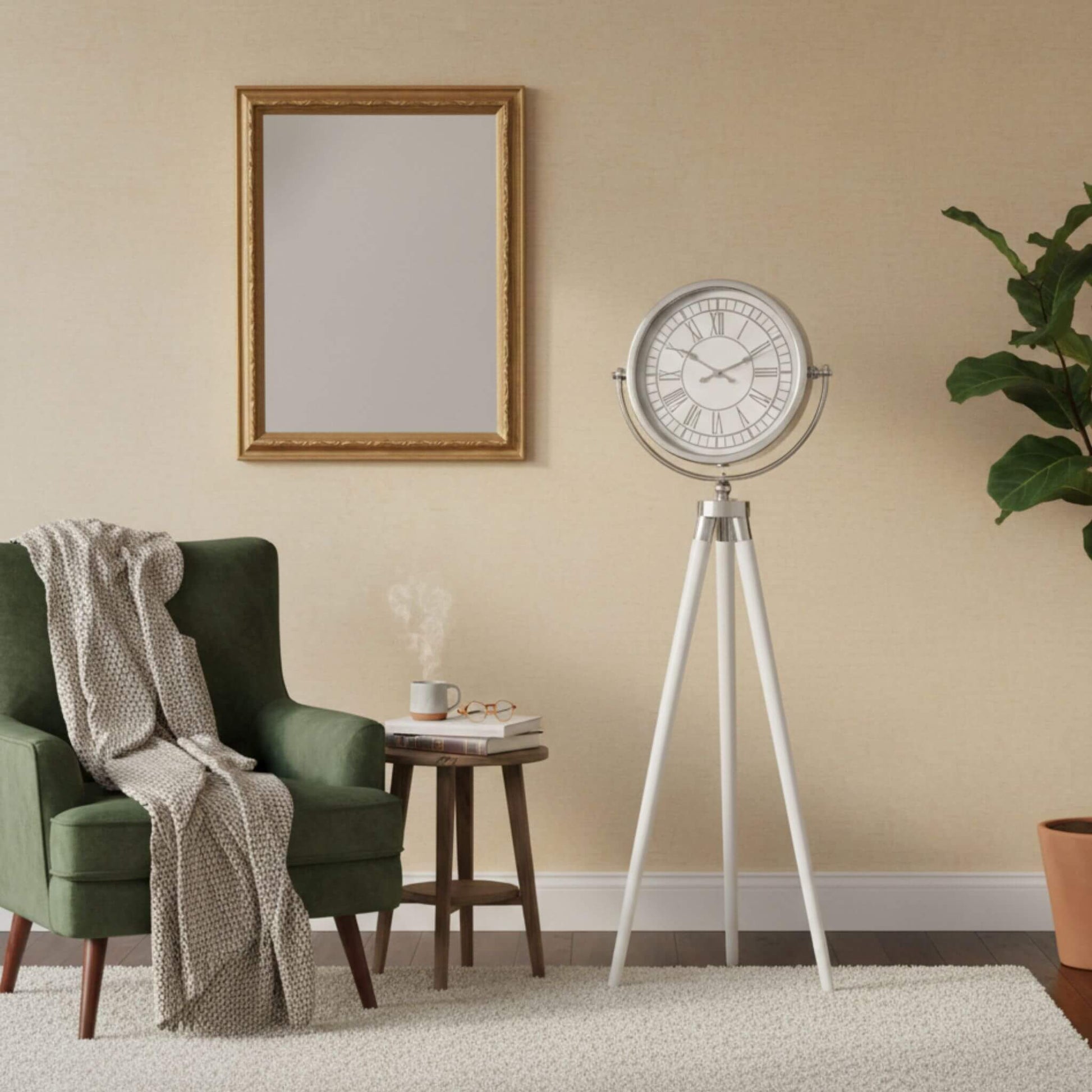 Minimalist stil gümüş metal gövdeli ahşap ayaklı saat