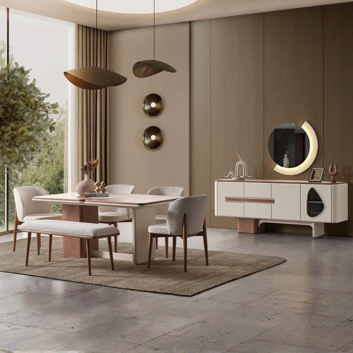 Enna Ekru açılır yemek masası seti 6 sandalyeli bench'li