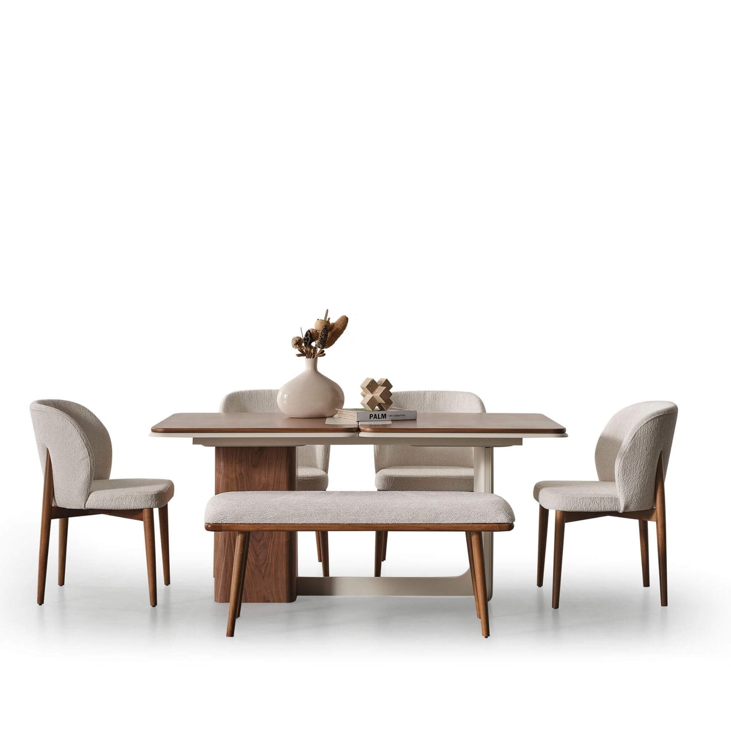 Modern ekru sandalyeli ve benchli yemek masası seti