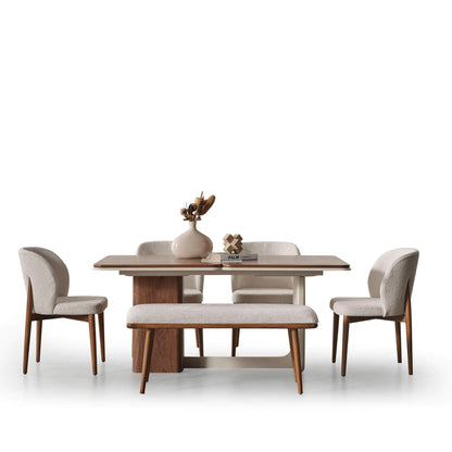 Modern ekru sandalyeli ve benchli yemek masası seti