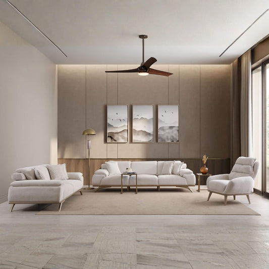 Serena Koltuk Takımı, modern çizgileri ve krem tonlarıyla zarif bir salon dekorasyonu sunar.