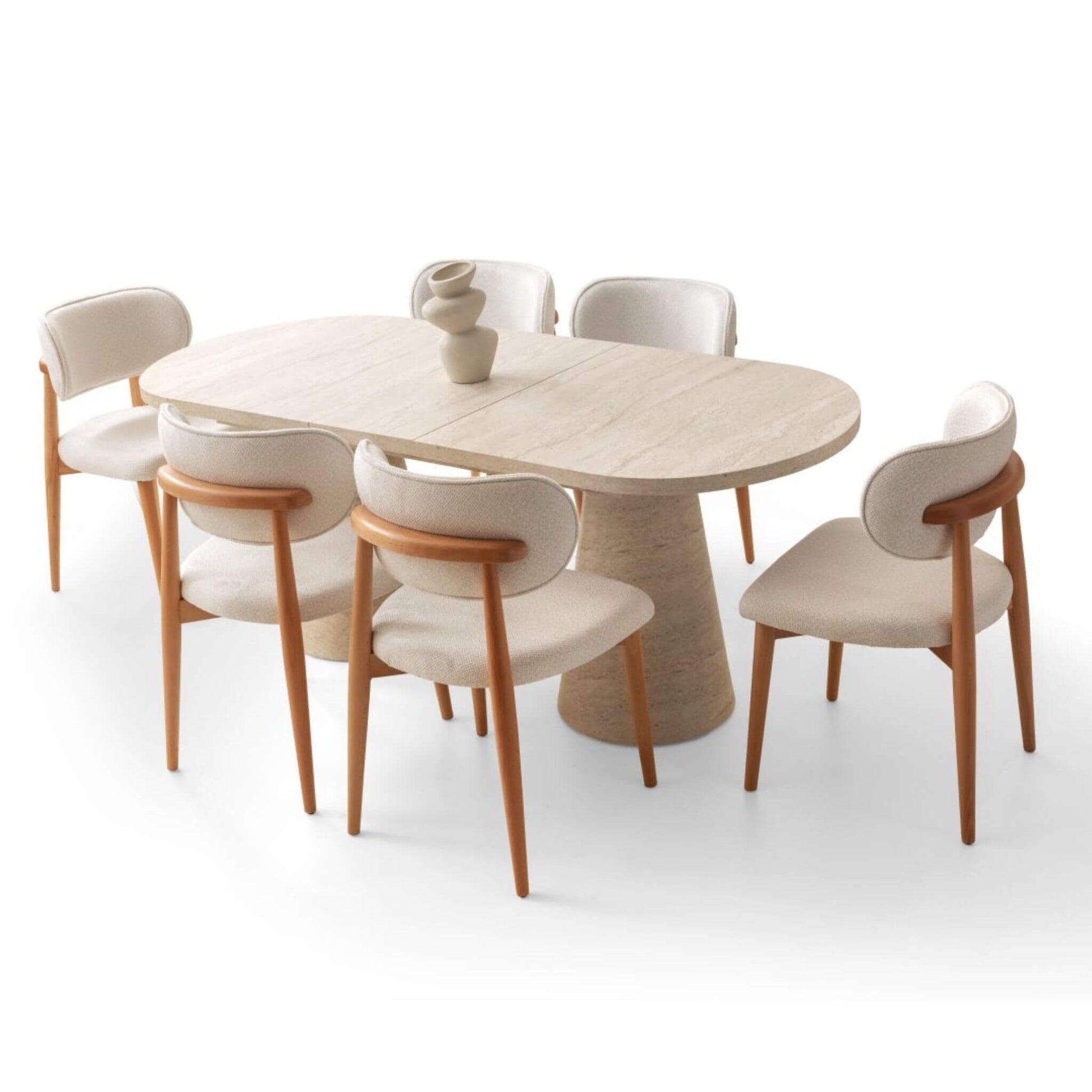 Modern yemek odası dekorasyonu – Traverten desenli Konçerto masa ve konsol kombinasyonu yemek odanıza zarafet katacak.