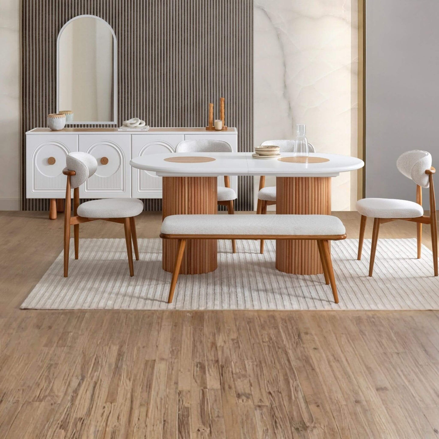 Lotus açılır yemek masası seti 6 sandalyeli benchli