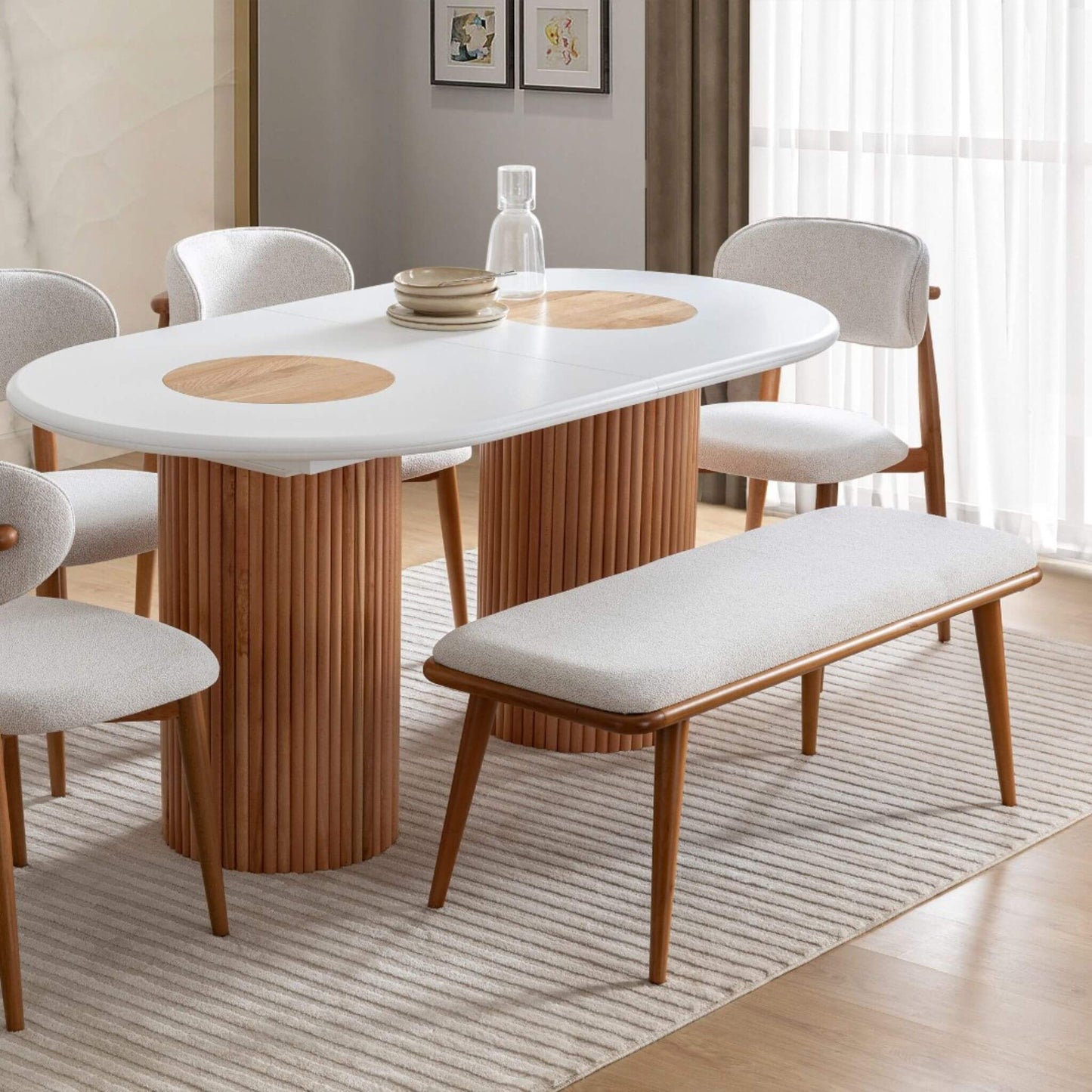 Lotus açılır yemek masası seti 6 sandalyeli benchli