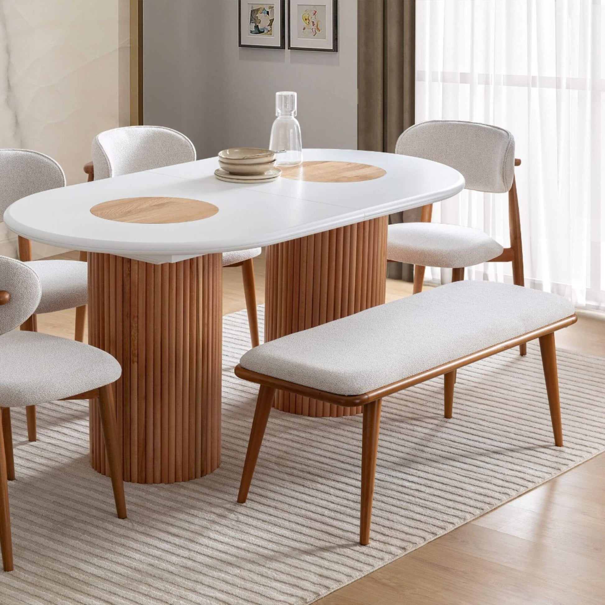 Lotus açılır yemek masası seti 6 sandalyeli benchli