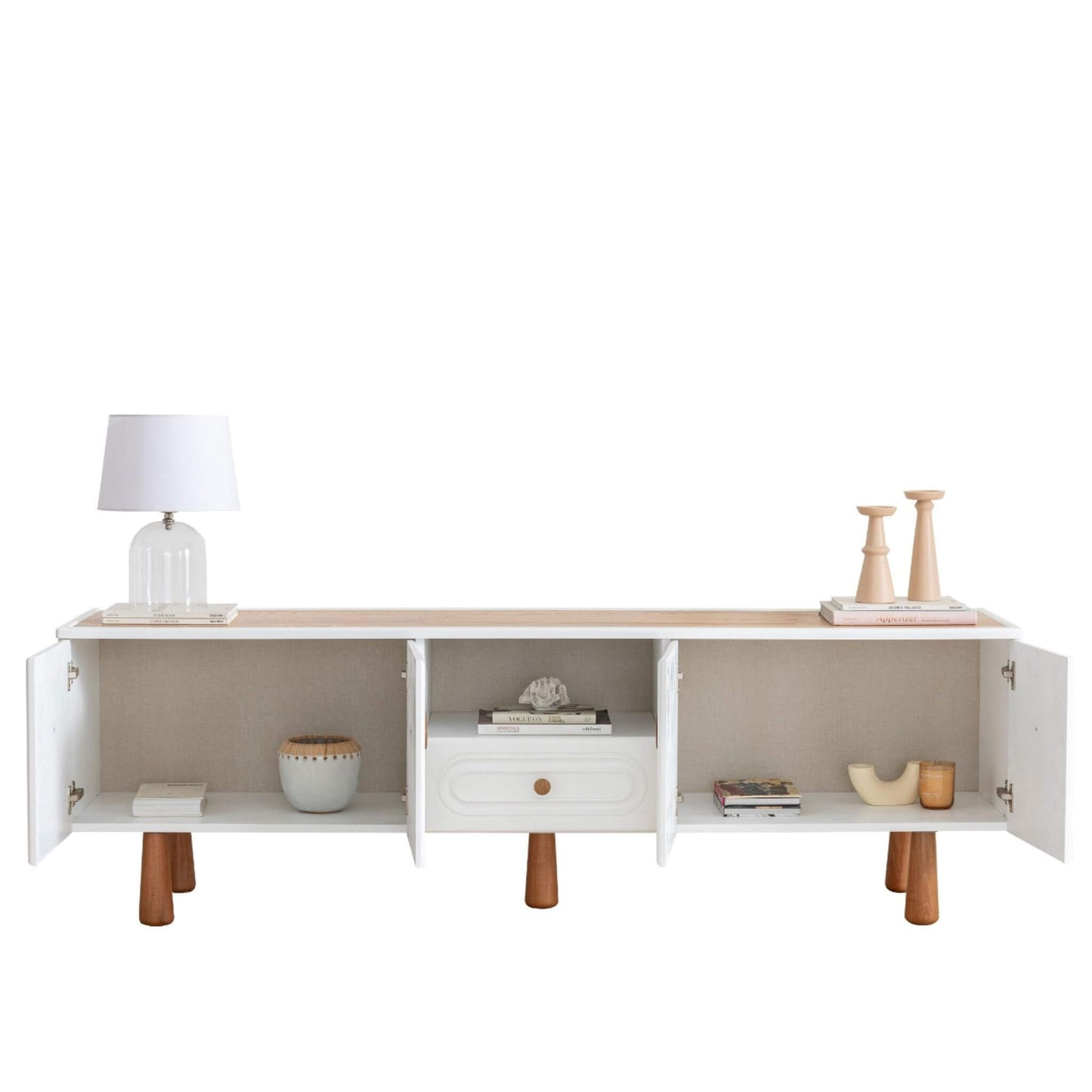 Lotus TV ünitesi kapaklı ve çekmeceli depolama alanları