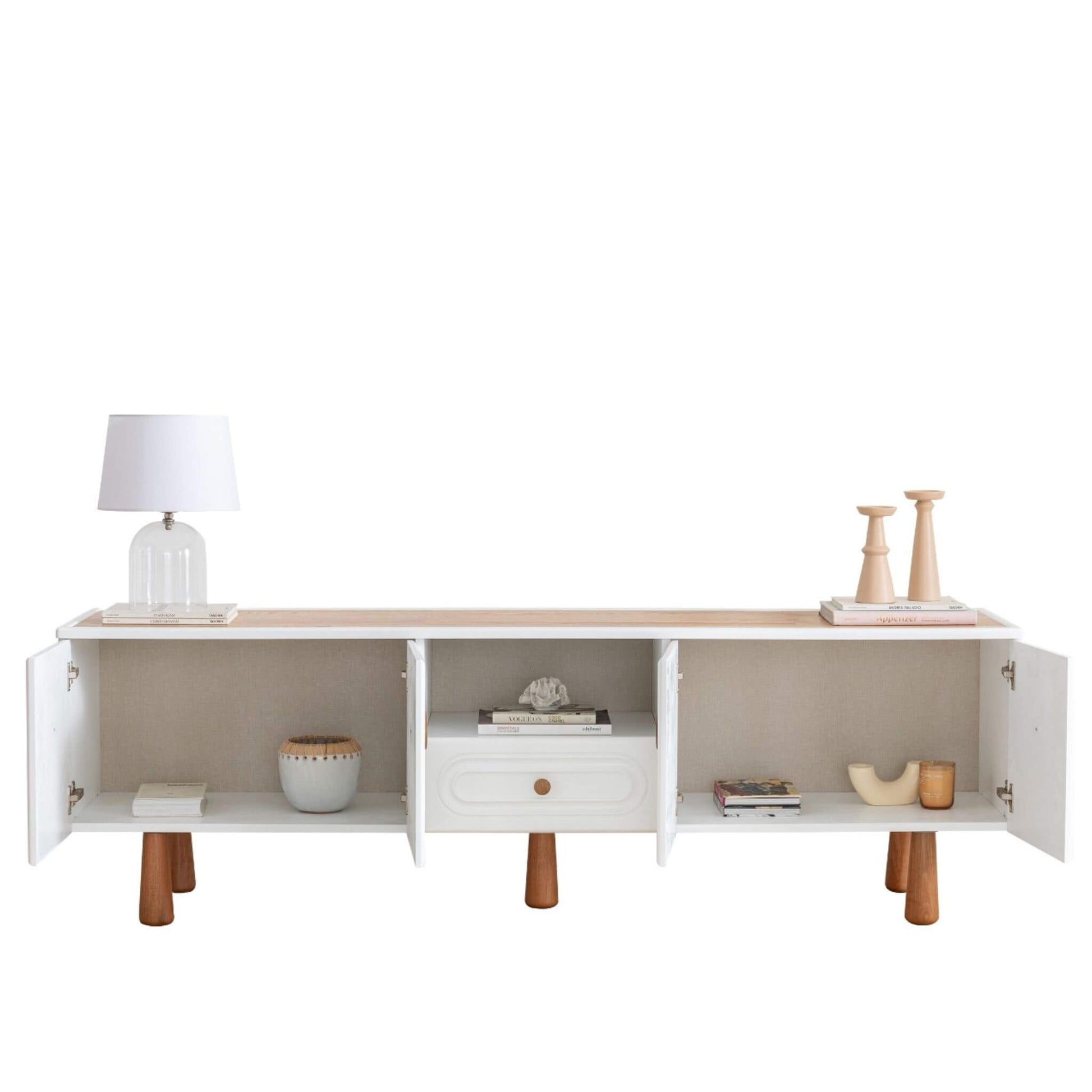 Lotus TV ünitesi kapaklı ve çekmeceli depolama alanları