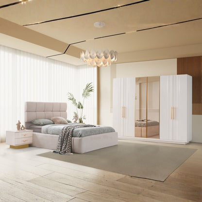 Napolyon Yatak Odası Takımı, beyaz yüzeyleri ve gold detaylı modern tasarımıyla lüks bir yatak odası dekorasyonu sunar.