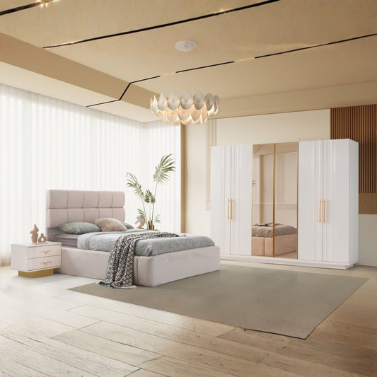 Napolyon Yatak Odası Takımı, beyaz yüzeyleri ve gold detaylı modern tasarımıyla lüks bir yatak odası dekorasyonu sunar.