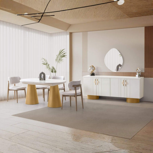 Napolyon yemek odası takımı, modern beyaz ve gold detaylı şık tasarım