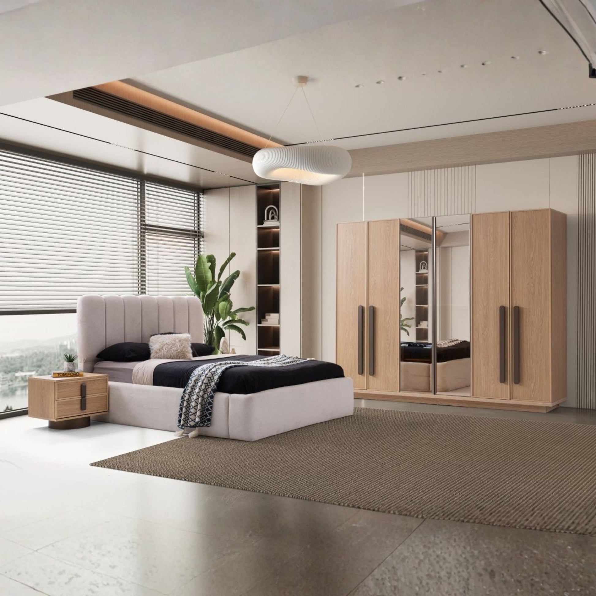 Newton Yatak Odası Takımı, doğal ahşap yüzeyleri ve modern çizgileriyle sıcak ve minimal bir yatak odası dekorasyonu sunar.