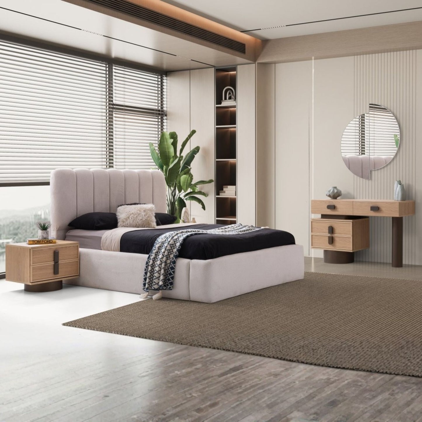 Newton Yatak Odası Takımı, doğal ahşap yüzeyleri ve modern çizgileriyle sıcak ve minimal bir yatak odası dekorasyonu sunar.