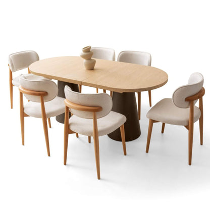 Açılır mekanizmalı yemek masası ve meşe detaylı konsol ile şık yemek odası takımı