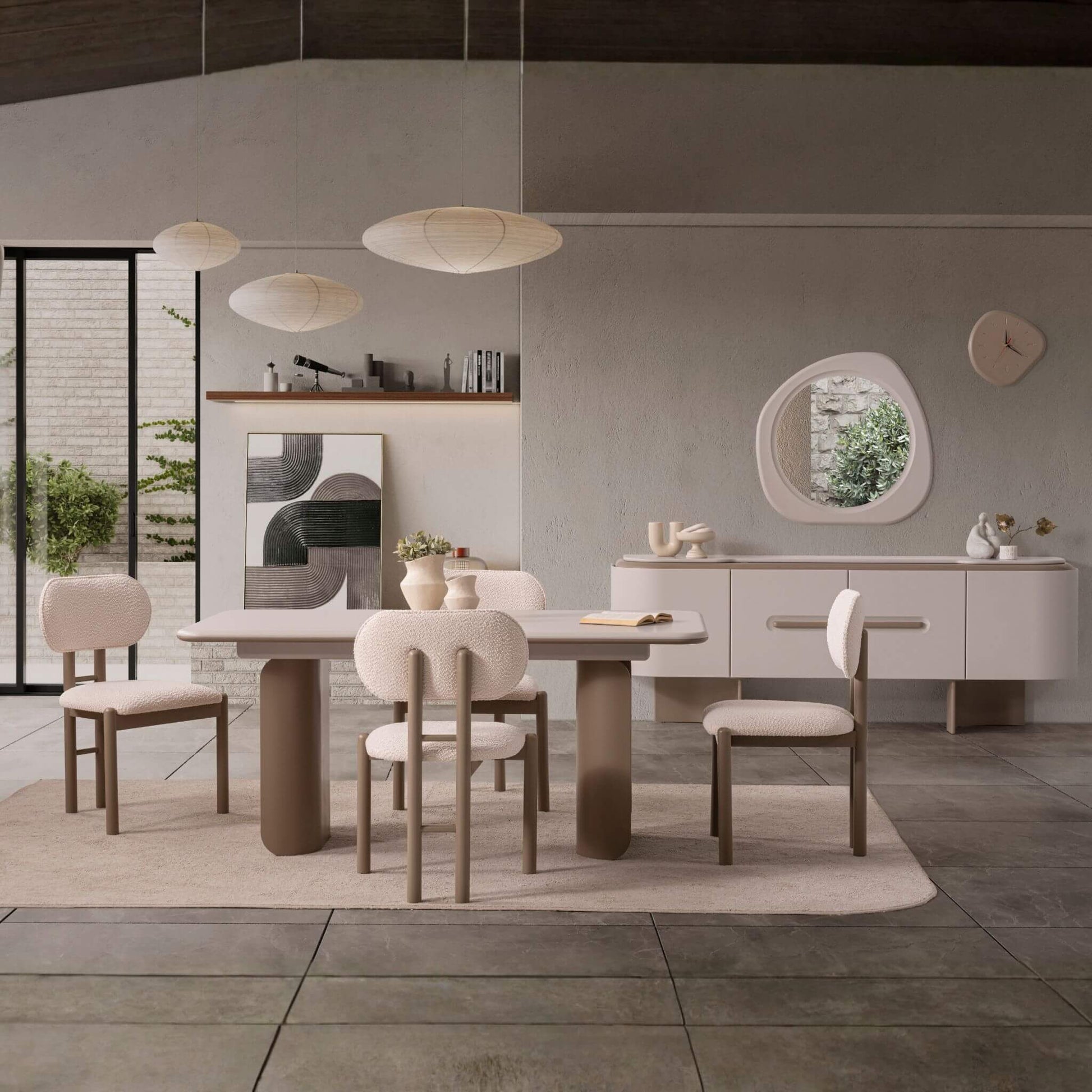 Bej tonlarında Opera yemek masası ve sandalyelerle tasarlanmış lüks yemek alanı