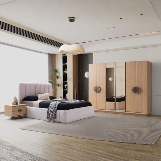 Pegasus Yatak Odası Takımı – Doğal Meşe Dokusu ve Yuvarlak Formların Modern Yorumu