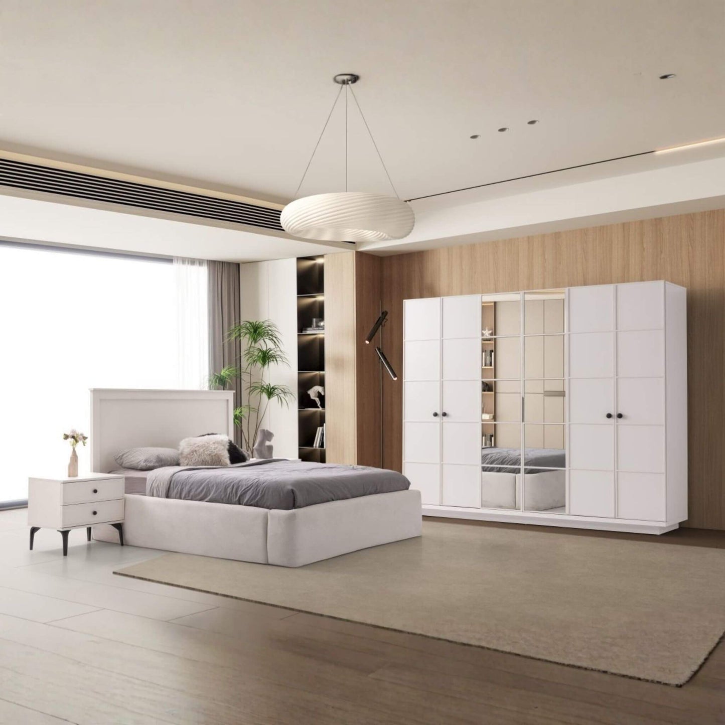 Piano Yatak Odası Takımı – Modern Beyaz Minimalizm ve Zarif Geometrik Çizgiler