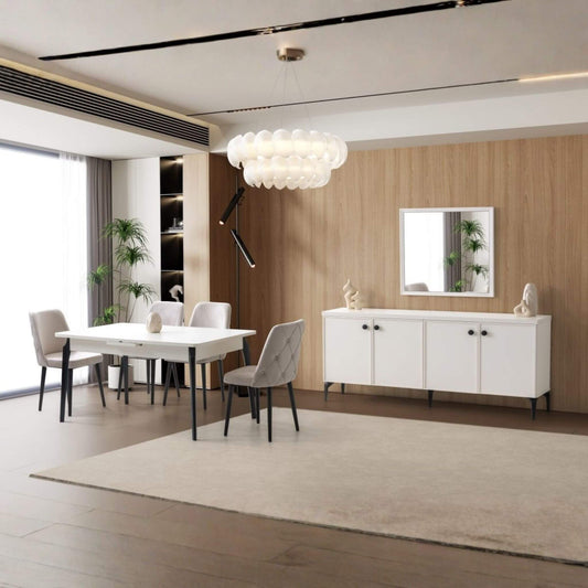 Piano yemek odası takımı minimalist tasarım ve mat beyaz konsol ile modern görünüm sunuyor.