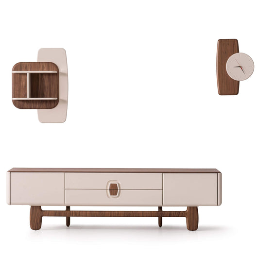 Salda raflı ve saatli MDF TV ünitesi