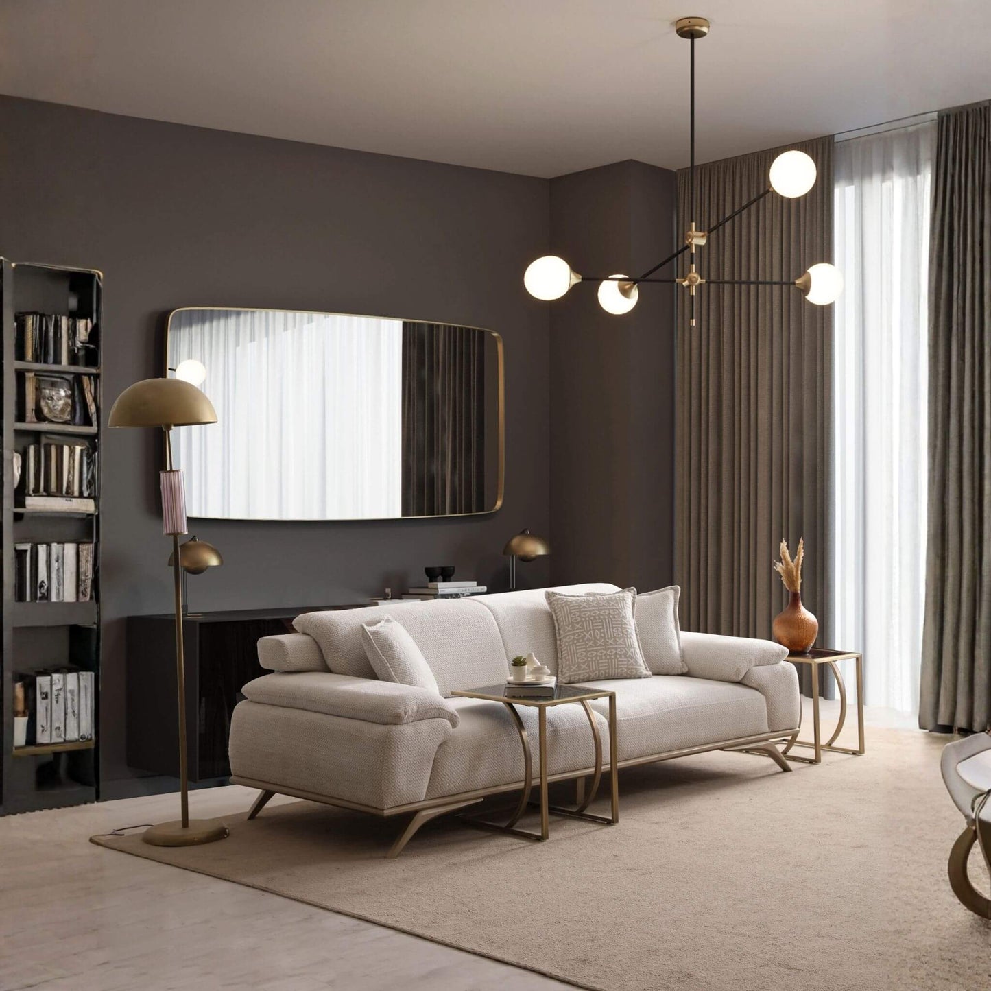 Serena Koltuk Takımı, modern çizgileri ve krem tonlarıyla zarif bir salon dekorasyonu sunar.