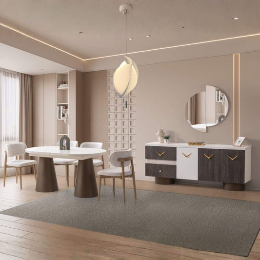 Berceste Yemek Odası Takımı, modern iki renkli konsol tasarımı ve açılır yemek masasıyla şık ve sofistike bir yemek alanı oluşturur.