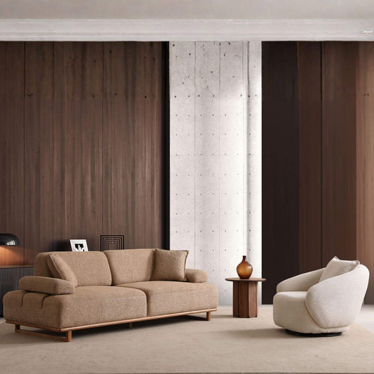 Siena Koltuk Takımı, doğal tonlarıyla modern ve zarif bir salon dekorasyonu oluşturur.