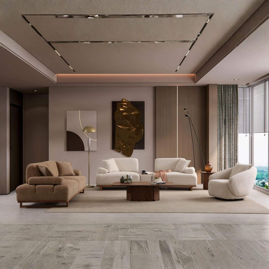 Siena Koltuk Takımı, doğal tonlarıyla modern ve zarif bir salon dekorasyonu oluşturur.